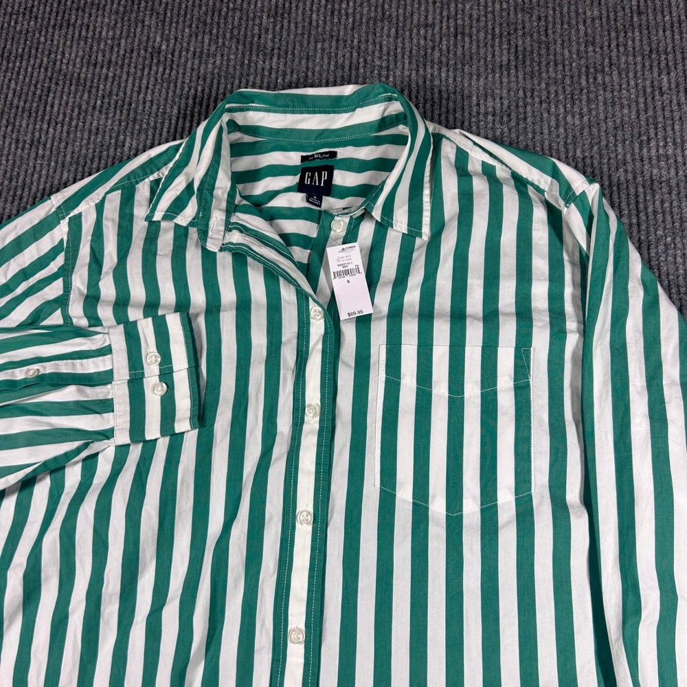 Gap The Big Shirt Women's S Green White Striped Button Down Long Sleeve Top NWT